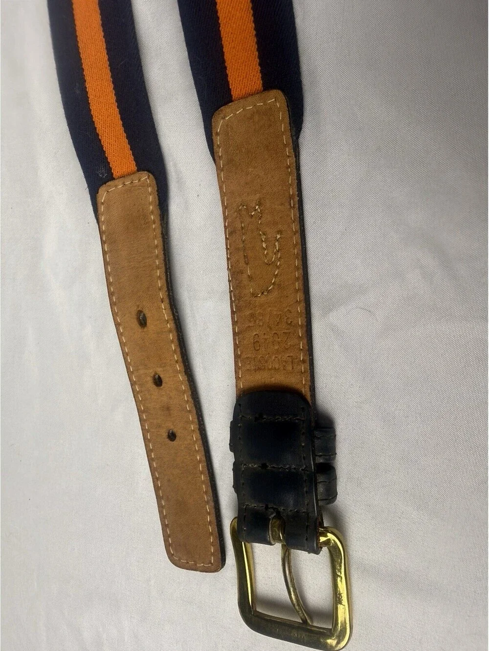 Vintage Lacoste Belt Mens 34 Navy Orange Stripe Webbing Leather Crocodile Preppy